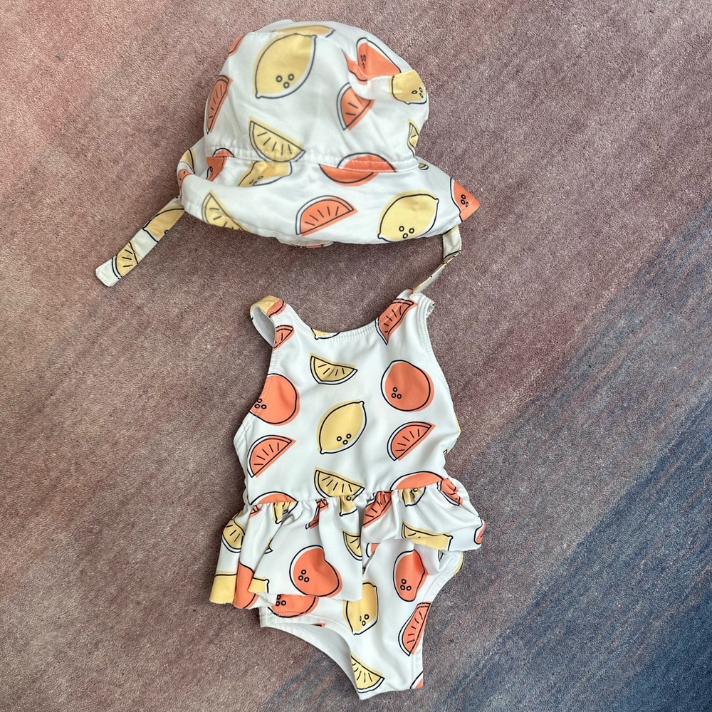 Monica & Andy baby girl lemon orange swimsuit size 3-6 months